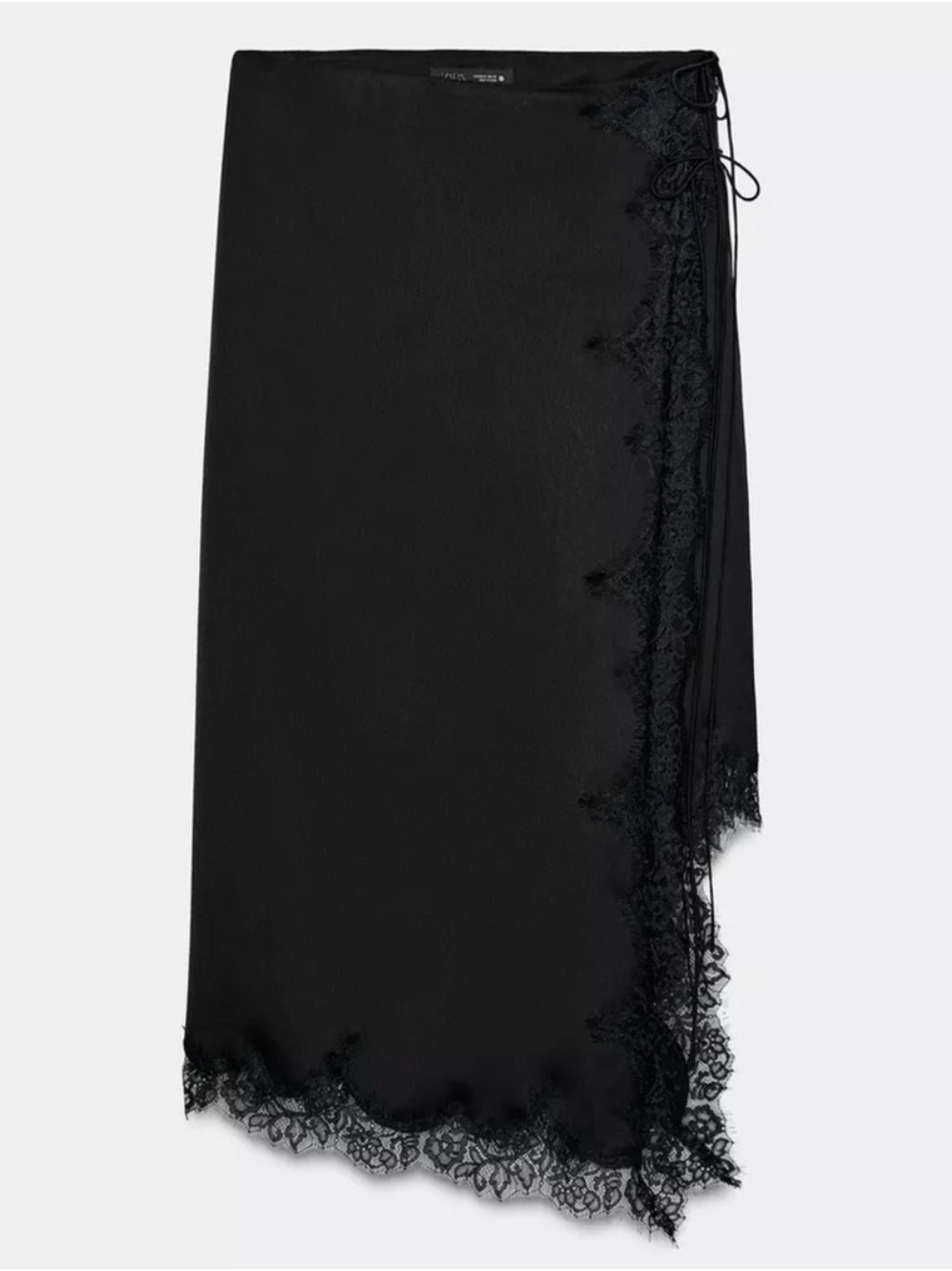 Zara Satin Skirt Black Lace Asymmetric Midi Size M
